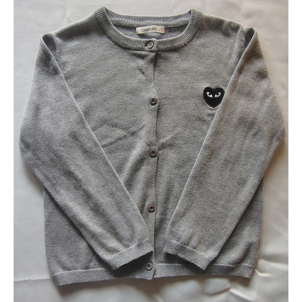 Campure Gray Cotton Cardigan Sweater Heart Patch Button Front Size S/M